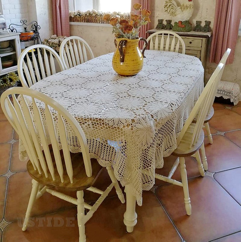 USTIDE Shabby Handmade Crochet Tablecloth Rectangle Romantic Table Cover White Lace Design Table Overlays Rectangular 62inchesx82inches - Image 1